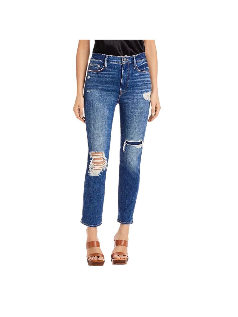NWT FRAME Jeans Le Sylvie High Rise Slender Straight 31 Distressed Swoon Wash